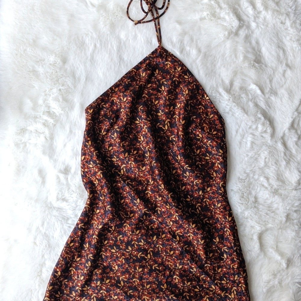Halter Neck Slip Dress Brown Floral Print Mini Dress Size M